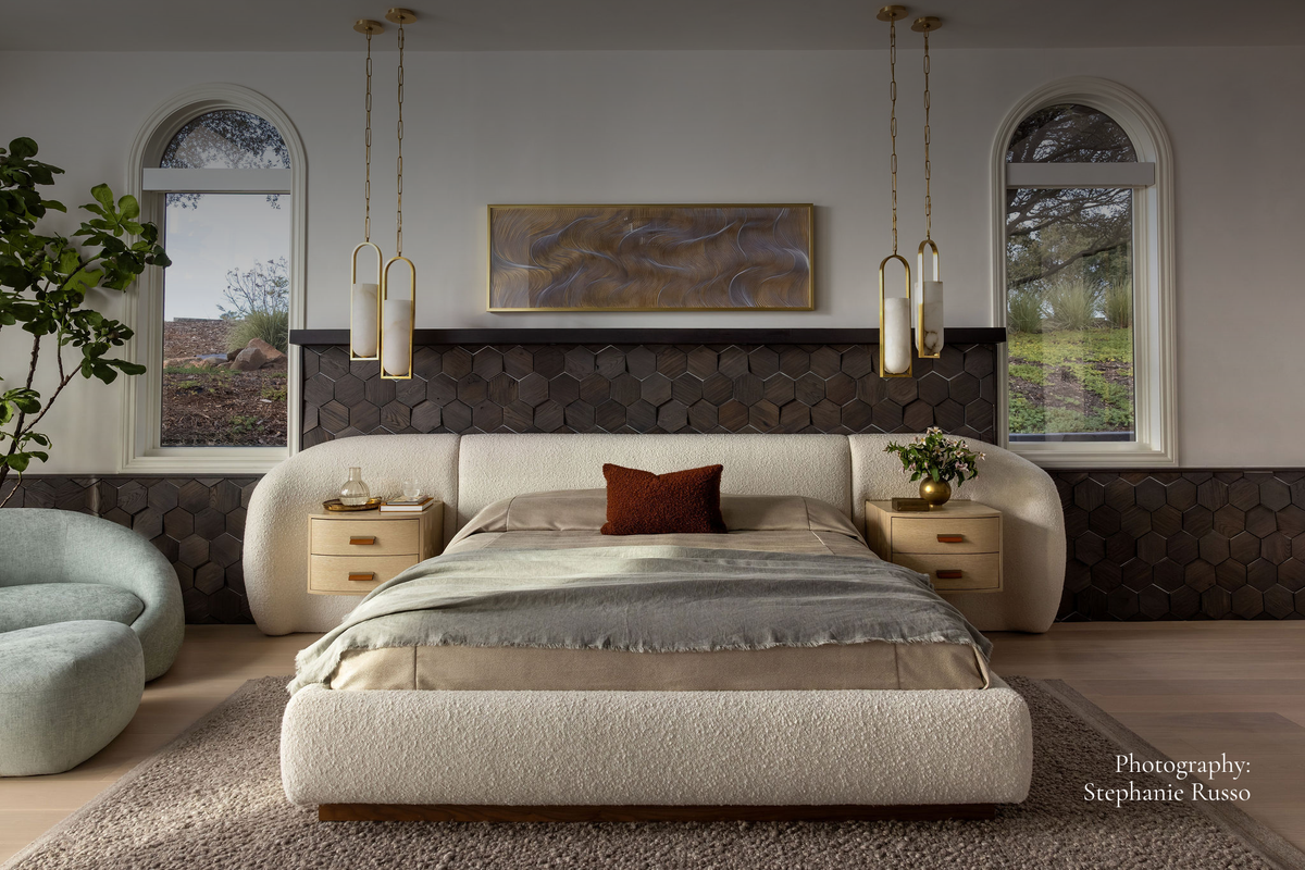 The Paddington upholstered bed in the completed primary suite