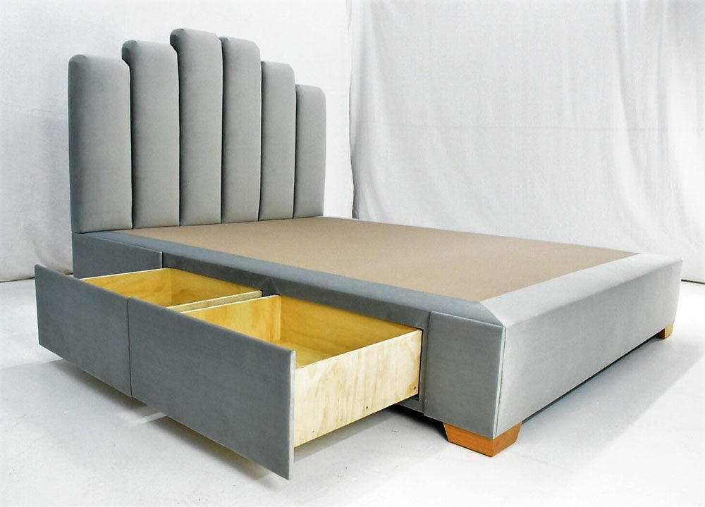 Custom bed with vertical channeled headboard + storage drawers