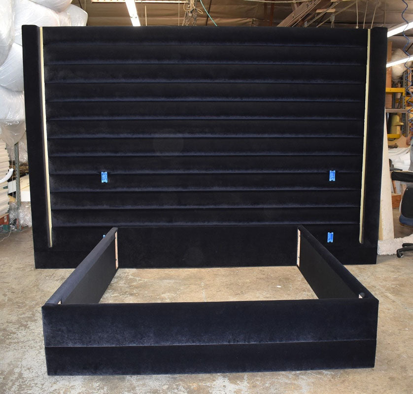 Bed with horizontal channels and metal trim