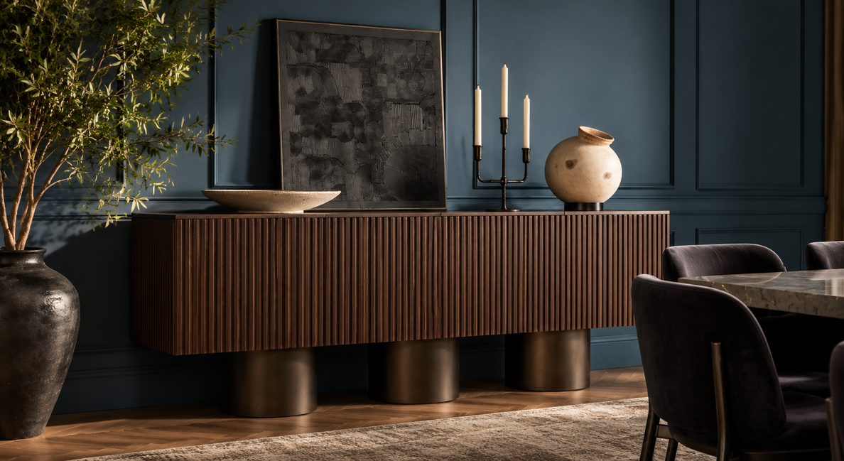 Fluted walnut sideboard in a dining room with dark teal walls