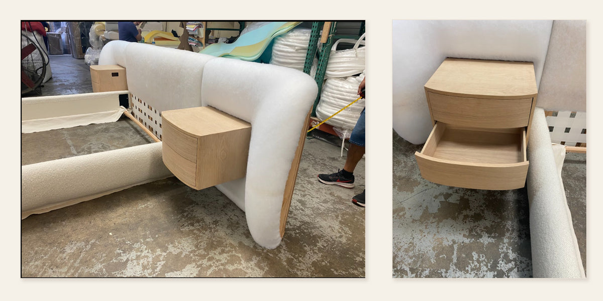 Curved rift-cut white oak nightstand integrated into The Paddington bed