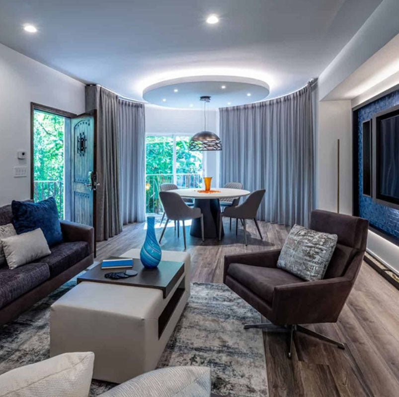 Custom ottoman/coffee table; Sunset Marquis hotel suite