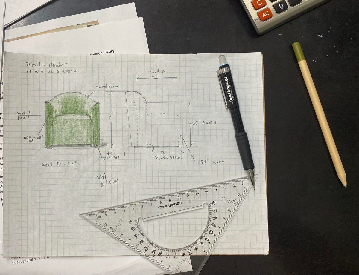 Robert Wylie’s hand-drawn Dimitri chair design with dimensions, pen and drafting ruler